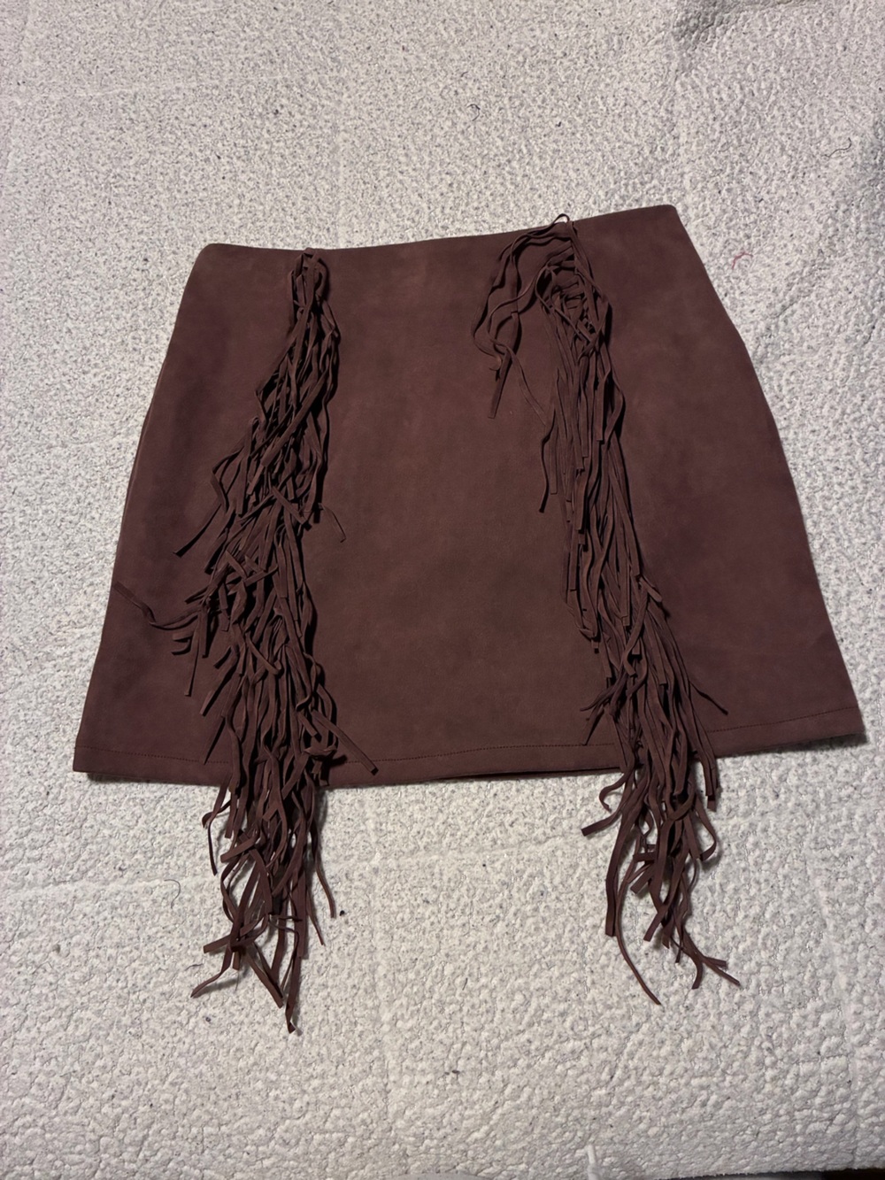 Fringe Suede-Look Mini Skirt - Brown, size medium